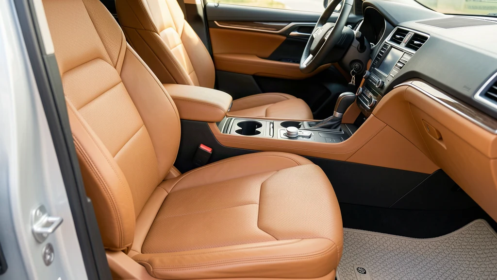 Illustrative close-up of clean tan vehicle seats, console and floor mat